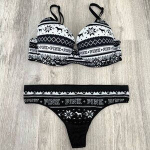 Pink Victoria’s Secret fair isle winter dog print bra and panty set